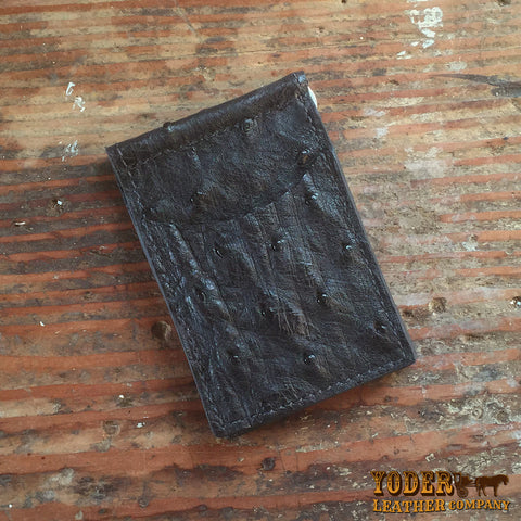 Black Ostrich Skinny Clip Wallet
